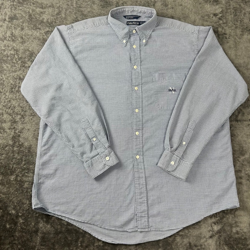 Nautica Mens XXL Blue White Gingham Check Cotton Long Sleeve Button Down Shirt
